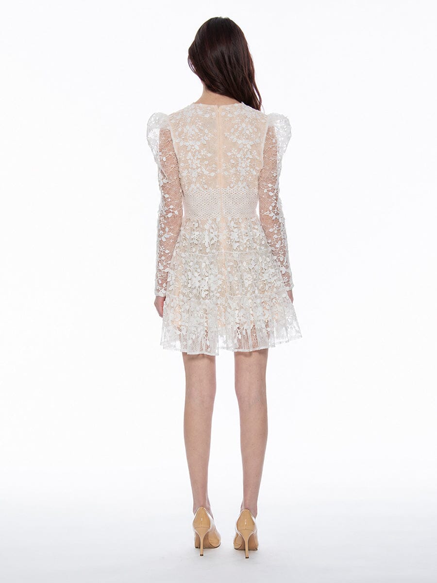 Minivestido de encaje floral con cuello en V para mujer-Mini Dress-Casaluzia