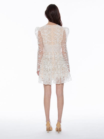 Minivestido de encaje floral con cuello en V para mujer-Mini Dress-Casaluzia