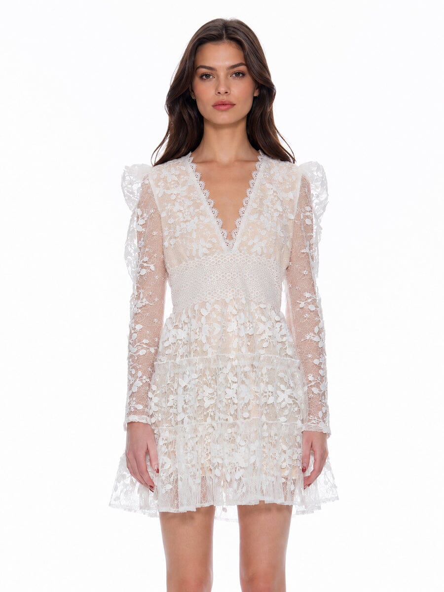 Minivestido de encaje floral con cuello en V para mujer-Mini Dress-Casaluzia