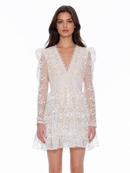 Minivestido de encaje floral con cuello en V para mujer-Mini Dress-Casaluzia