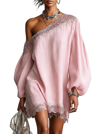 Minivestido de satén con ribete de encaje y un hombro para mujer-Mini Dress-Casaluzia