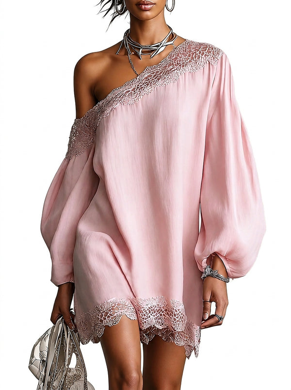 Minivestido de satén con ribete de encaje y un hombro para mujer-Mini Dress-Casaluzia