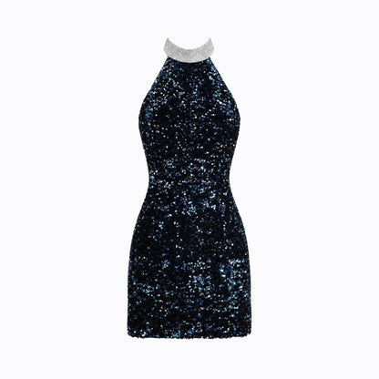 Minivestido halter con lentejuelas para mujer-Mini Dress-Casaluzia