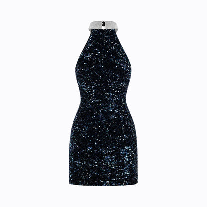 Minivestido halter con lentejuelas para mujer-Mini Dress-Casaluzia