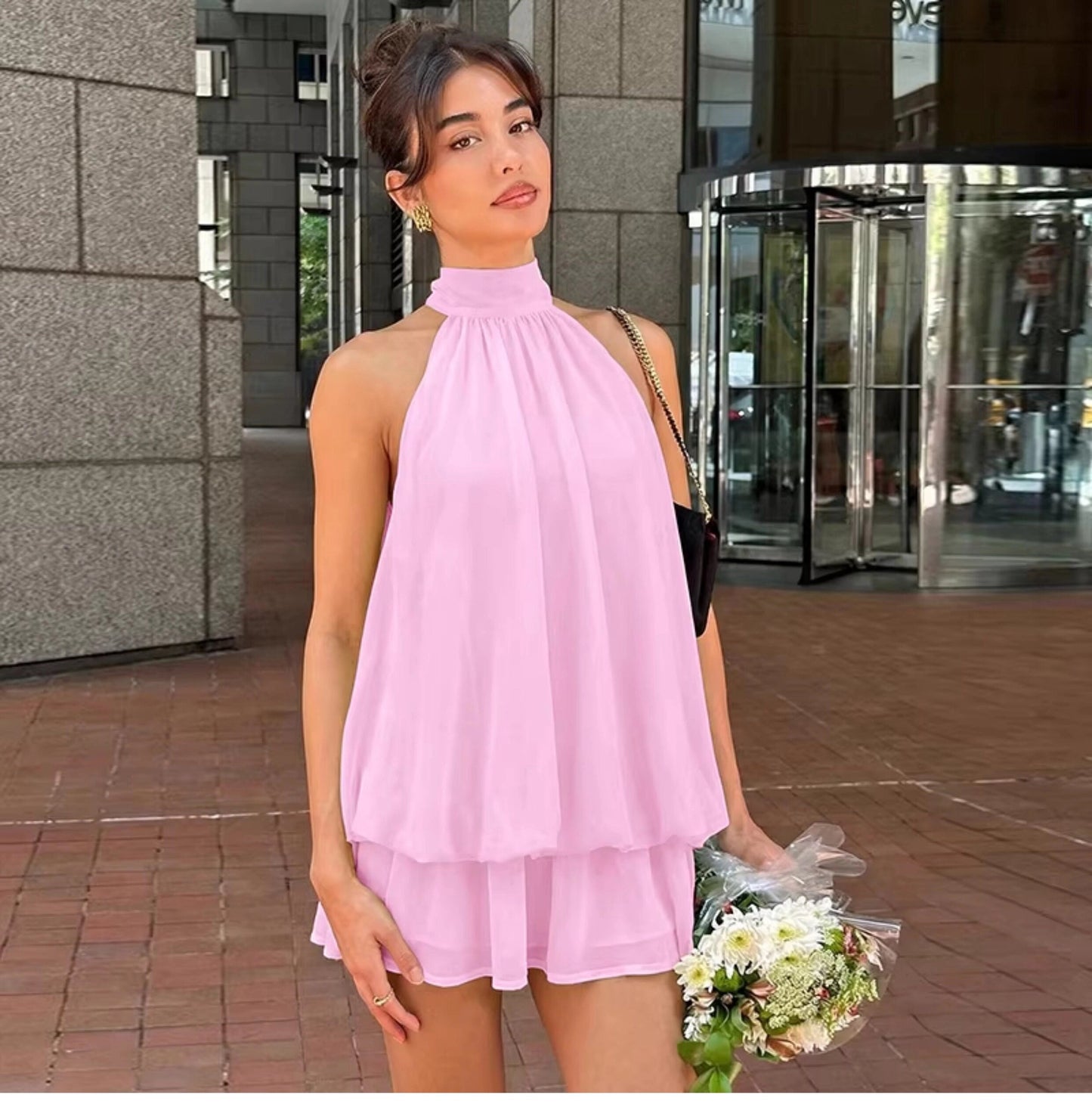 Minivestido sin mangas con cuello halter para mujer-Mini Dress-Casaluzia