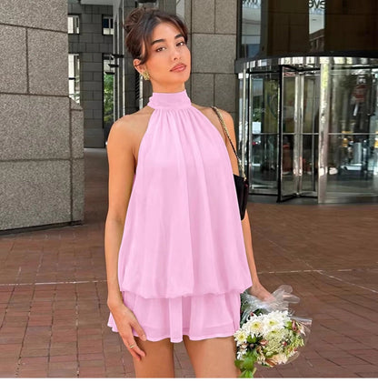 Minivestido sin mangas con cuello halter para mujer-Mini Dress-Casaluzia