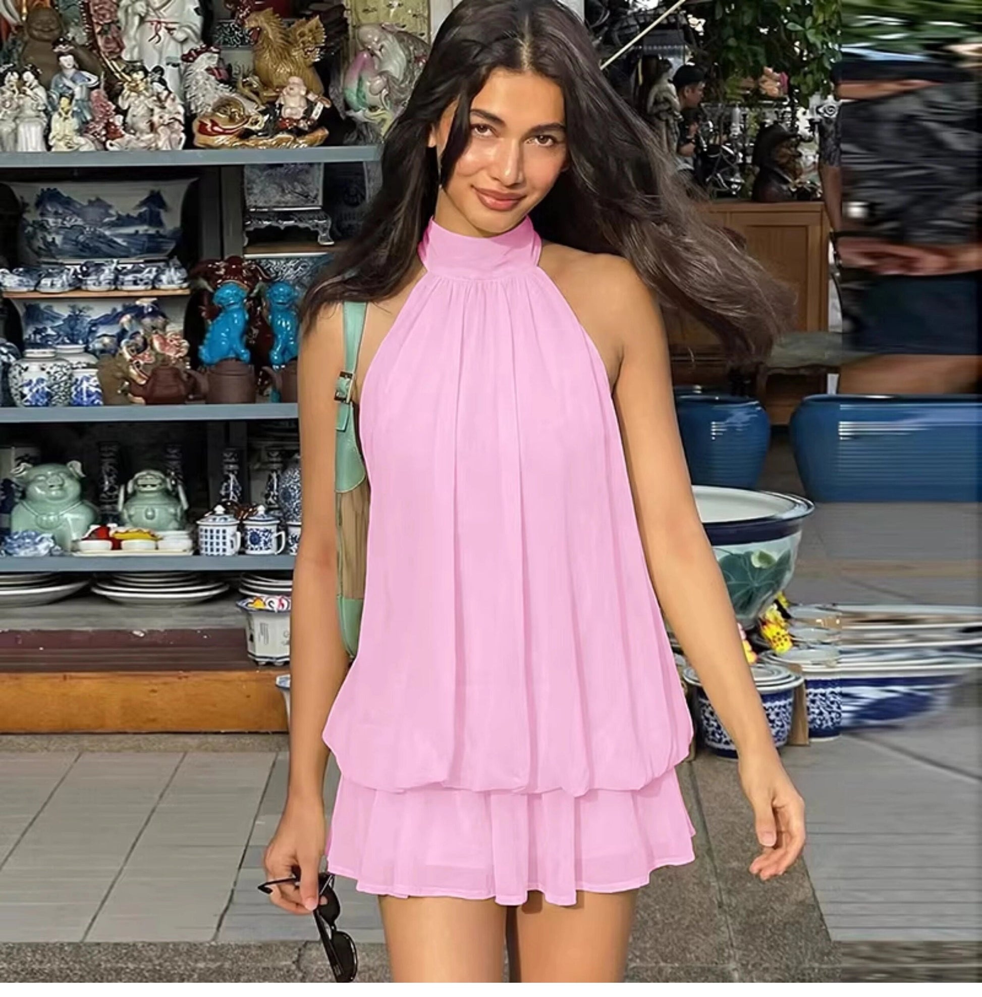 Minivestido sin mangas con cuello halter para mujer-Mini Dress-Casaluzia