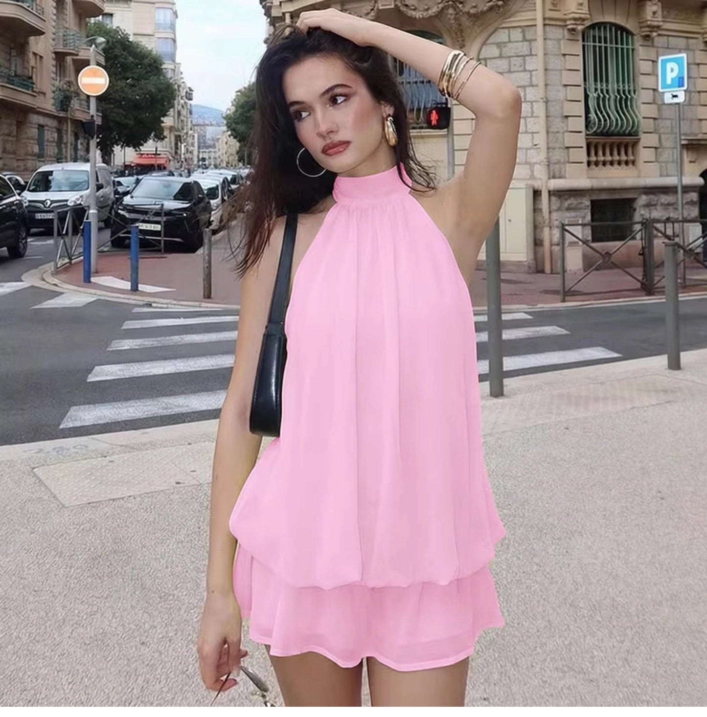 Minivestido sin mangas con cuello halter para mujer-Mini Dress-Casaluzia