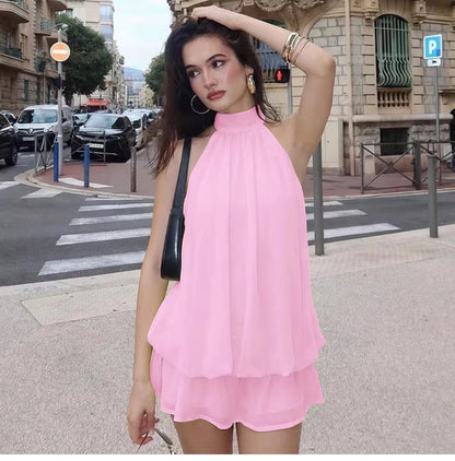 Minivestido sin mangas con cuello halter para mujer-Mini Dress-Casaluzia