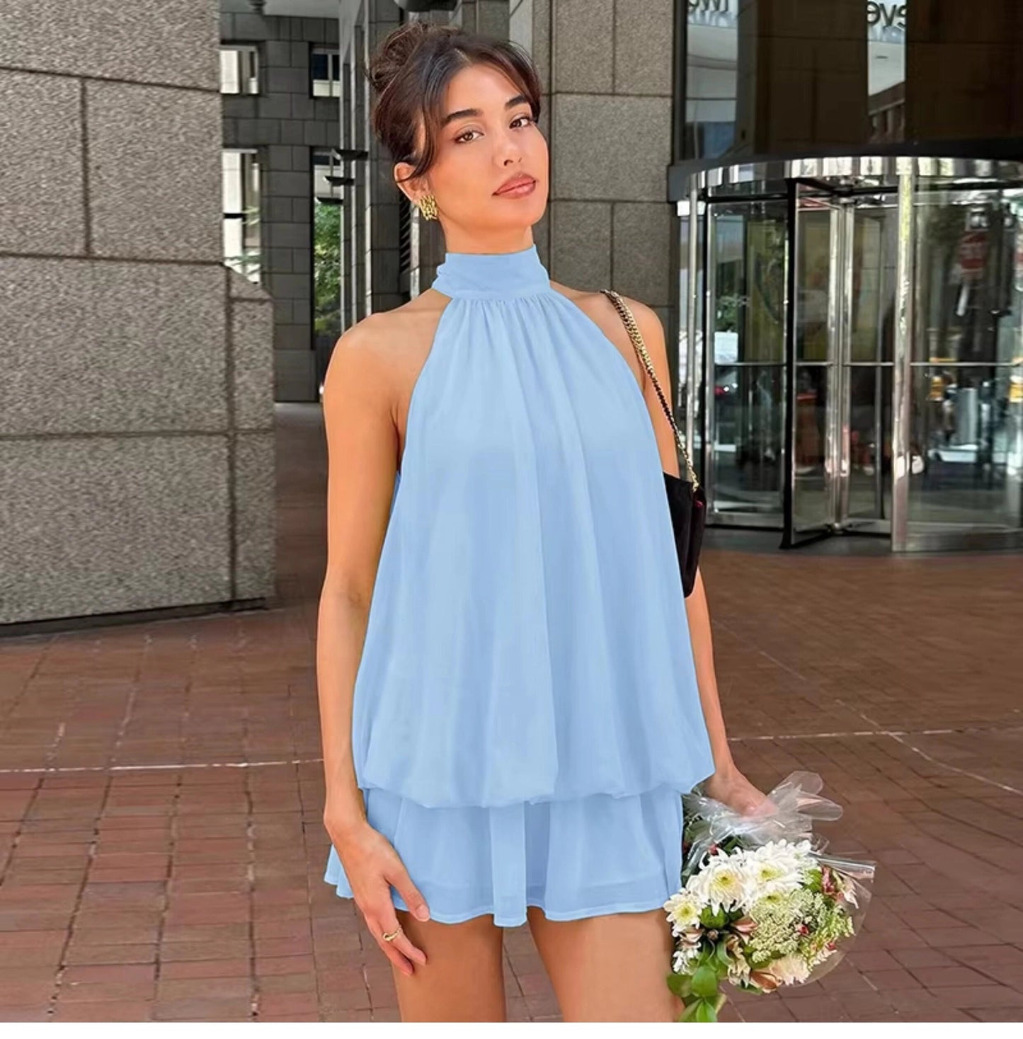 Minivestido sin mangas con cuello halter para mujer-Mini Dress-Casaluzia