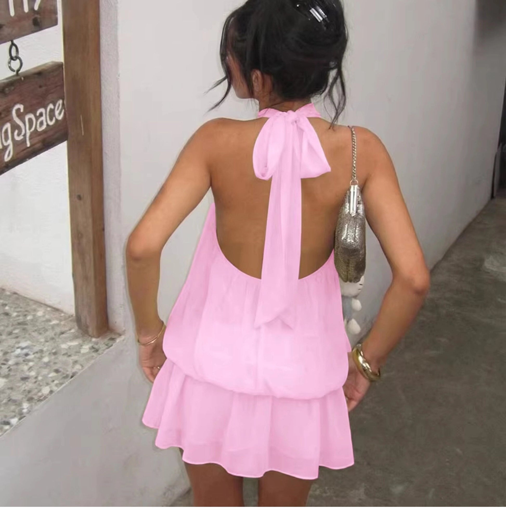 Minivestido sin mangas con cuello halter para mujer-Mini Dress-Casaluzia