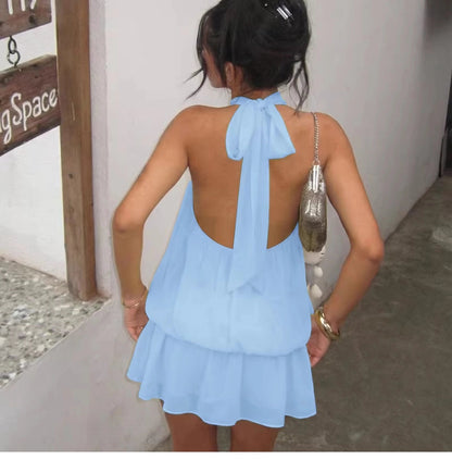 Minivestido sin mangas con cuello halter para mujer-Mini Dress-Casaluzia