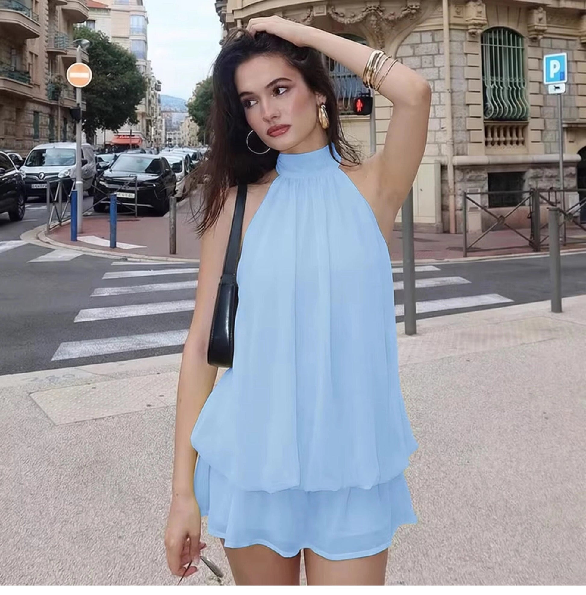Minivestido sin mangas con cuello halter para mujer-Mini Dress-Casaluzia