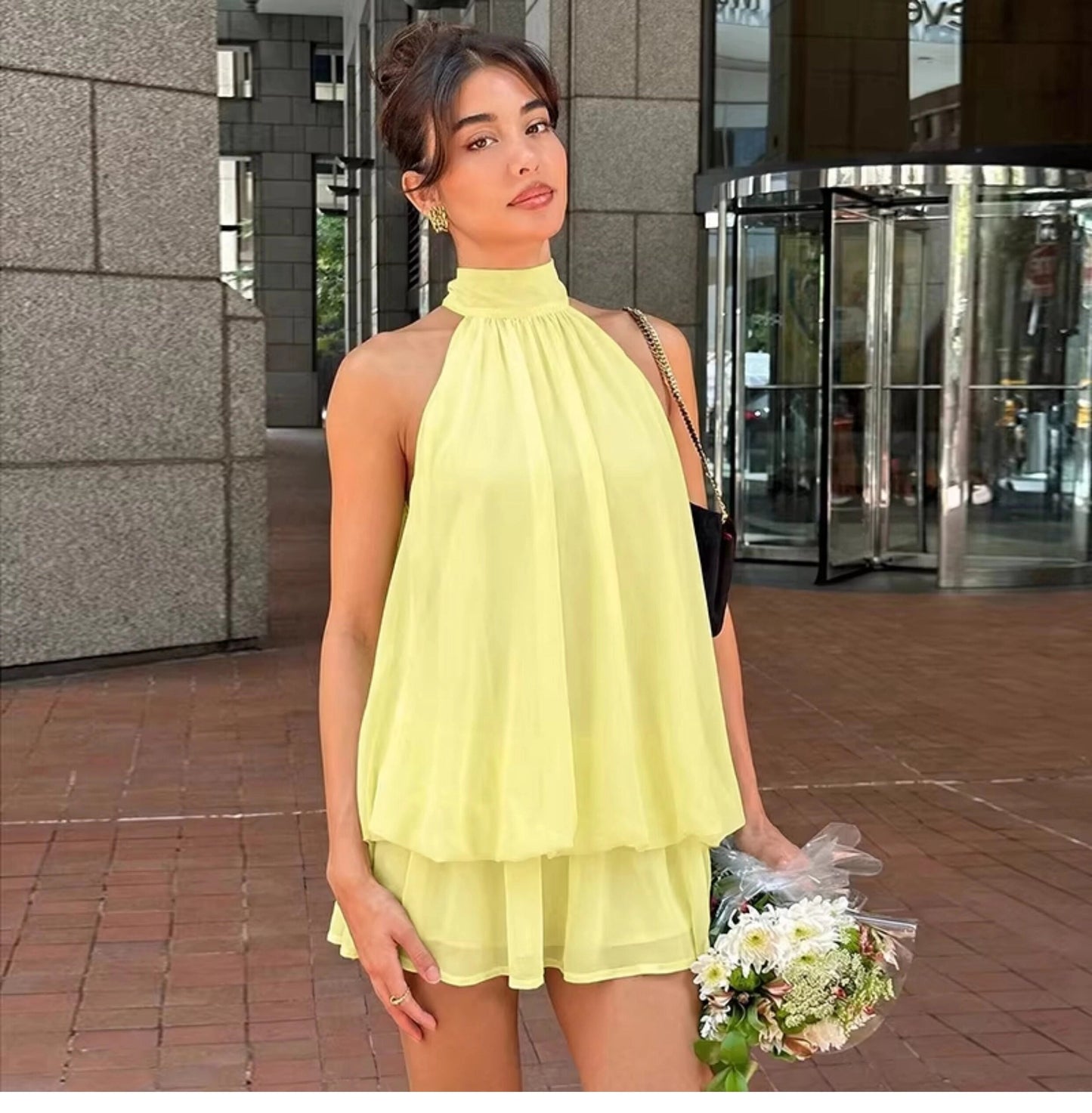 Minivestido sin mangas con cuello halter para mujer-Mini Dress-Casaluzia