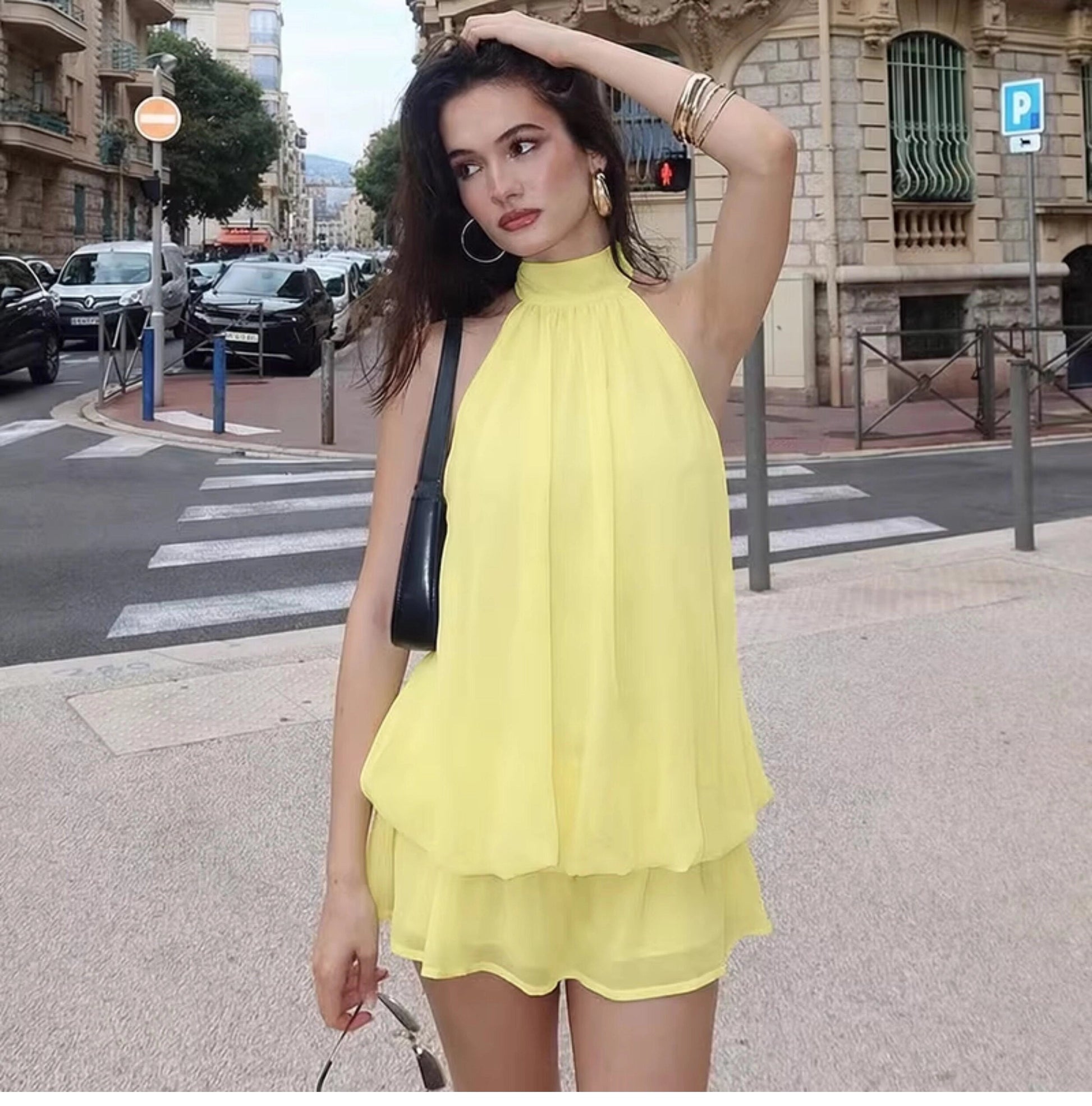 Minivestido sin mangas con cuello halter para mujer-Mini Dress-Casaluzia