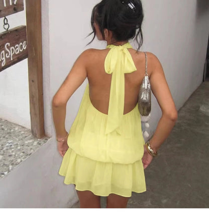 Minivestido sin mangas con cuello halter para mujer-Mini Dress-Casaluzia