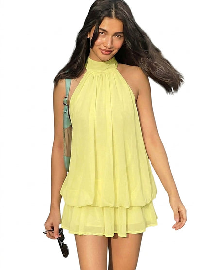 Minivestido sin mangas con cuello halter para mujer-Mini Dress-Casaluzia