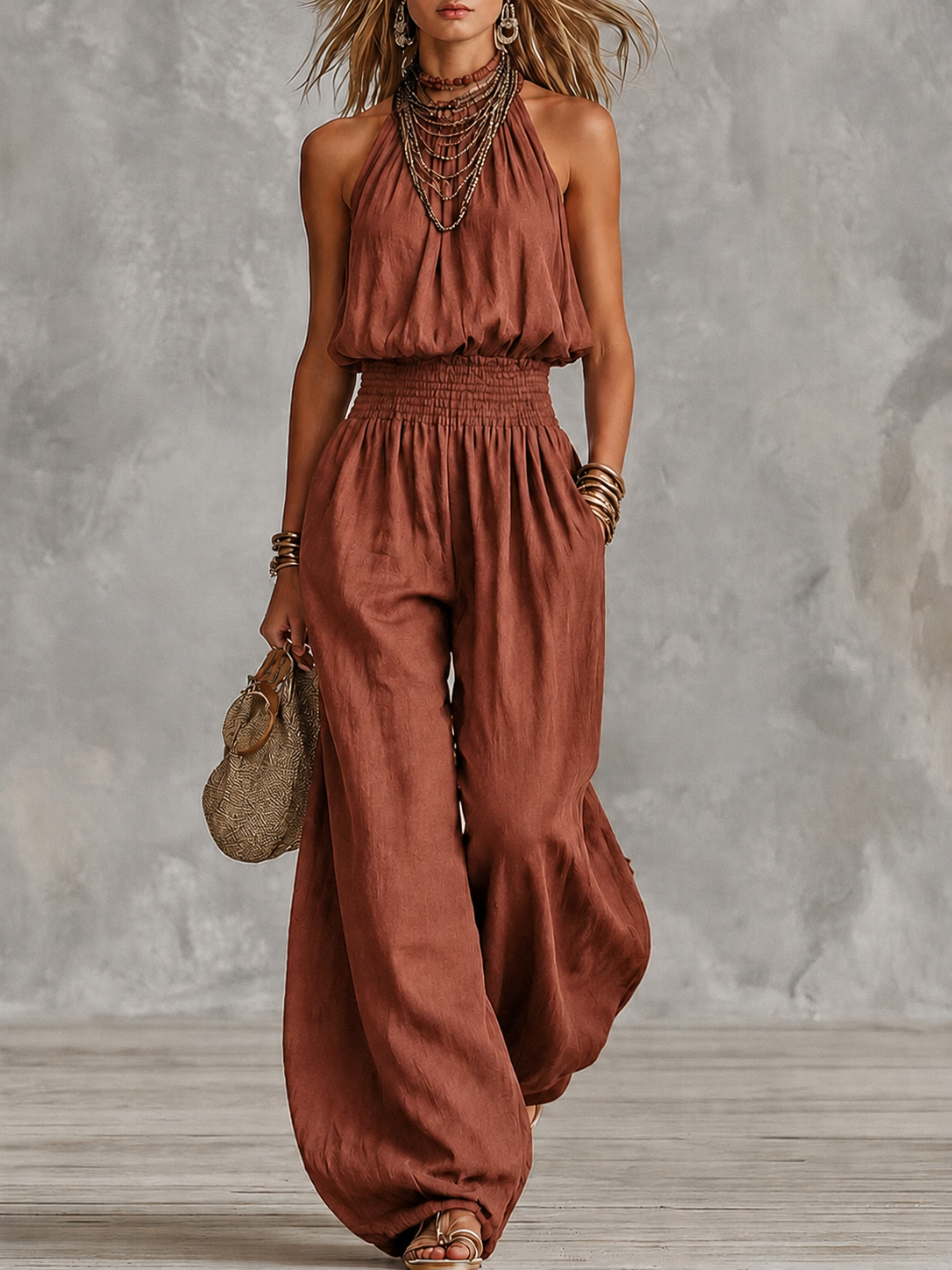 Mono con cuello halter y cintura fruncida para mujer-Jumpsuits for woman-Casaluzia