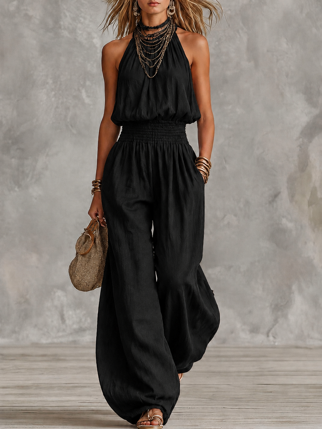 Mono con cuello halter y cintura fruncida para mujer-Jumpsuits for woman-Casaluzia