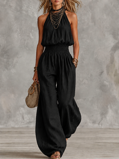 Mono con cuello halter y cintura fruncida para mujer-Jumpsuits for woman-Casaluzia