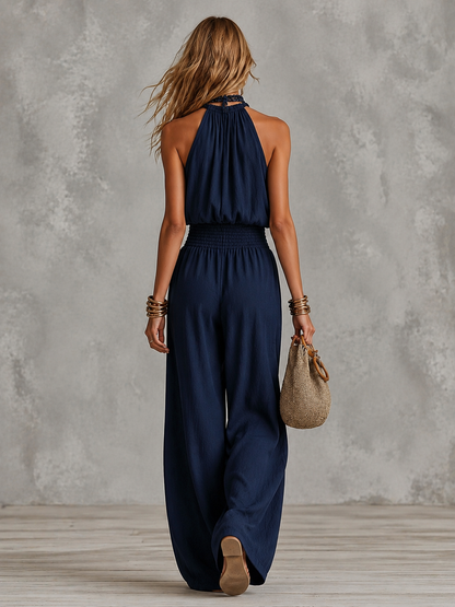 Mono con cuello halter y cintura fruncida para mujer-Jumpsuits for woman-Casaluzia