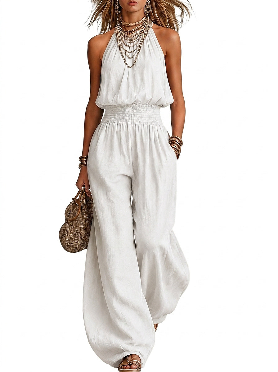 Mono con cuello halter y cintura fruncida para mujer-Jumpsuits for woman-Casaluzia