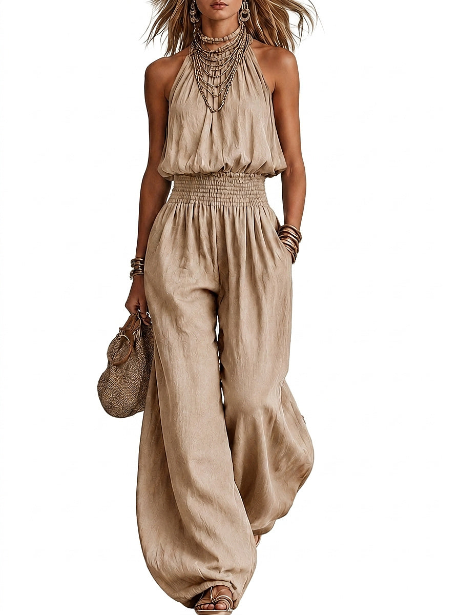 Mono con cuello halter y cintura fruncida para mujer-Jumpsuits for woman-Casaluzia
