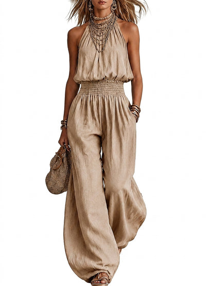 Mono con cuello halter y cintura fruncida para mujer-Jumpsuits for woman-Casaluzia