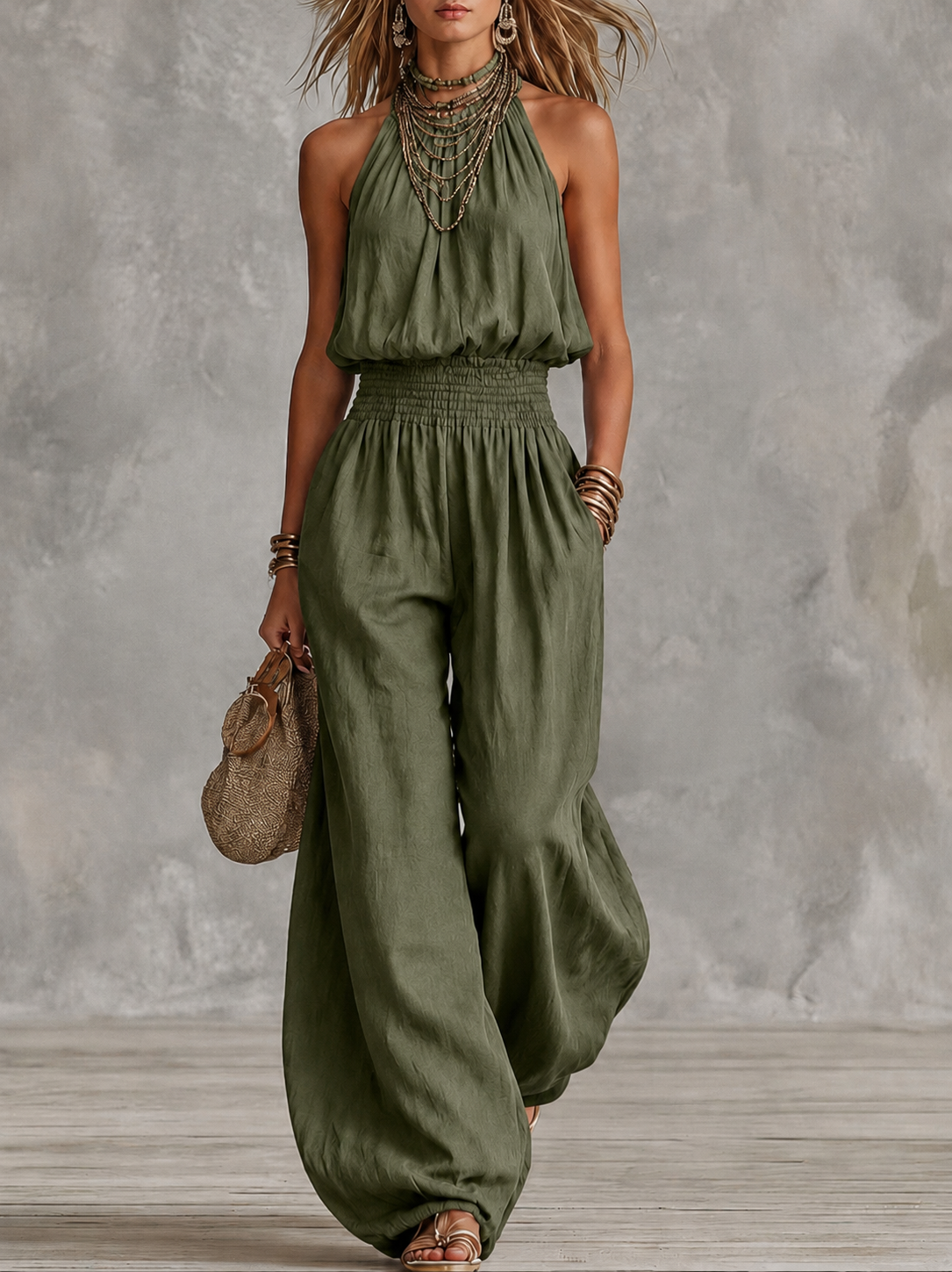 Mono con cuello halter y cintura fruncida para mujer-Jumpsuits for woman-Casaluzia