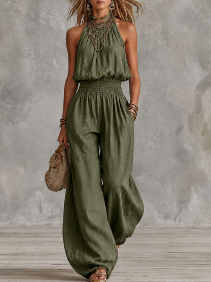 Mono con cuello halter y cintura fruncida para mujer-Jumpsuits for woman-Casaluzia