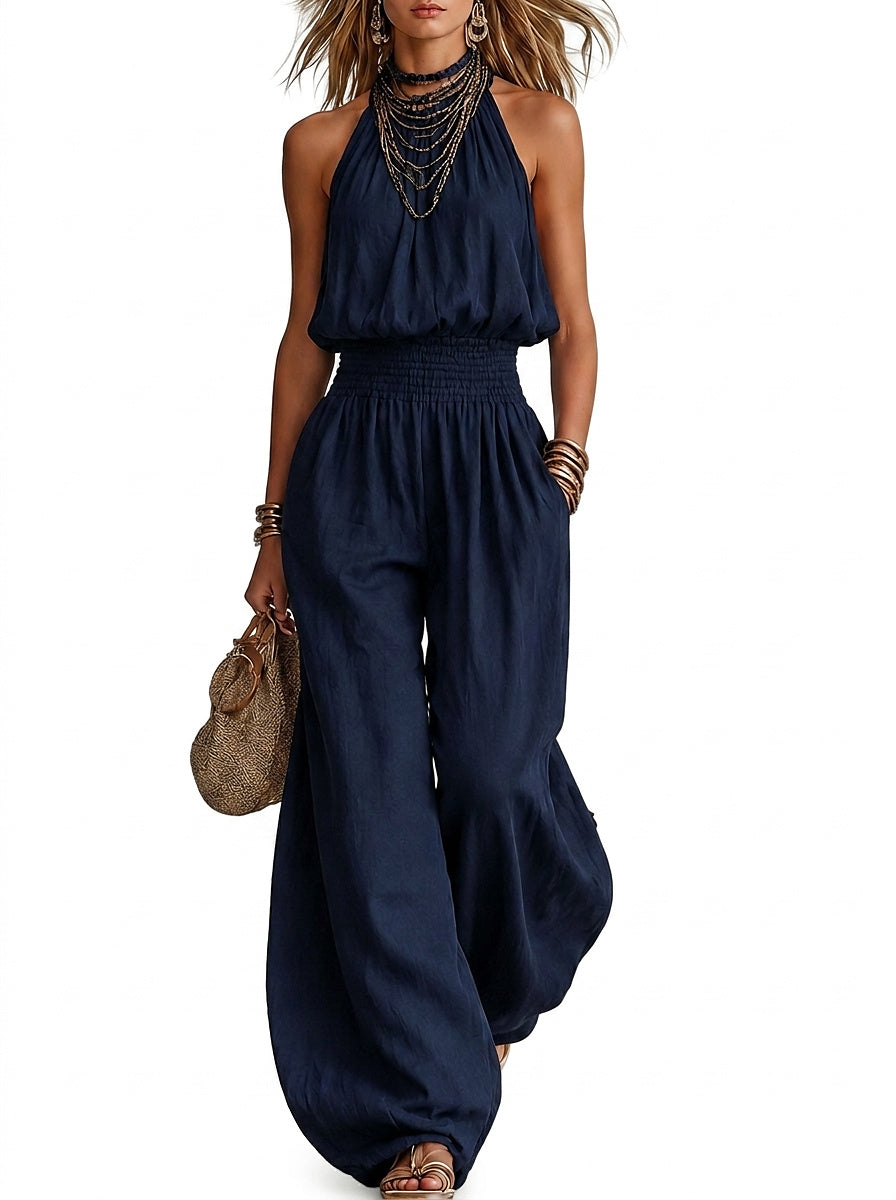 Mono con cuello halter y cintura fruncida para mujer-Jumpsuits for woman-Casaluzia