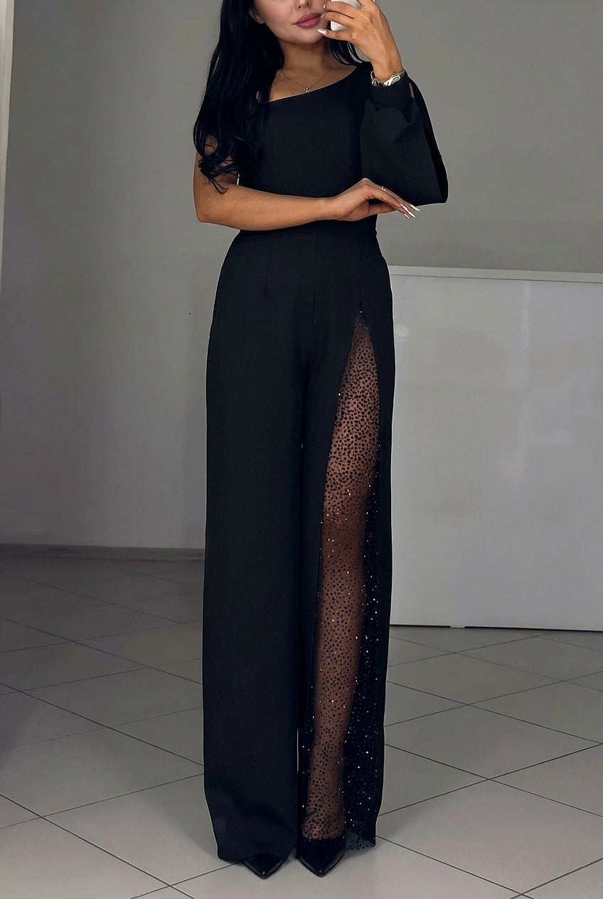 Mono de mujer con un hombro al descubierto y pernera ancha con panel transparente-Jumpsuits for women-Casaluzia