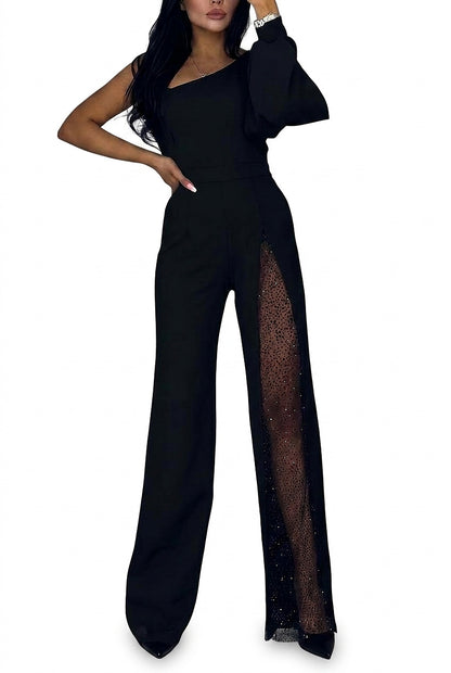 Mono de mujer con un hombro al descubierto y pernera ancha con panel transparente-Jumpsuits for women-Casaluzia