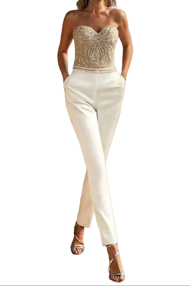 Mono de mujer sin tirantes con parte superior estructurada y perneras rectas-Jumpsuits for women-Casaluzia