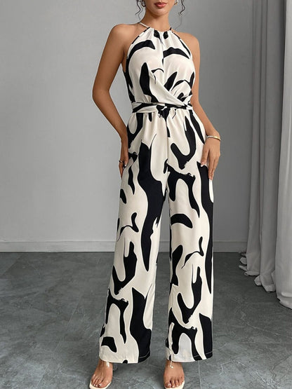 Mono de pernera ancha con cuello halter y estampado abstracto para mujer-Jumpsuits for women-Casaluzia