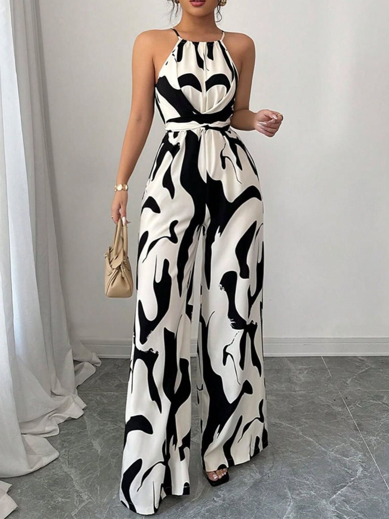 Mono de pernera ancha con cuello halter y estampado abstracto para mujer-Jumpsuits for women-Casaluzia
