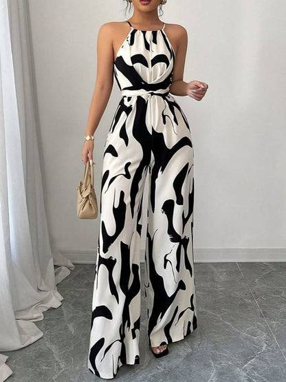 Mono de pernera ancha con cuello halter y estampado abstracto para mujer-Jumpsuits for women-Casaluzia