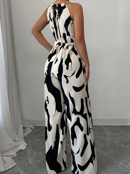 Mono de pernera ancha con cuello halter y estampado abstracto para mujer-Jumpsuits for women-Casaluzia