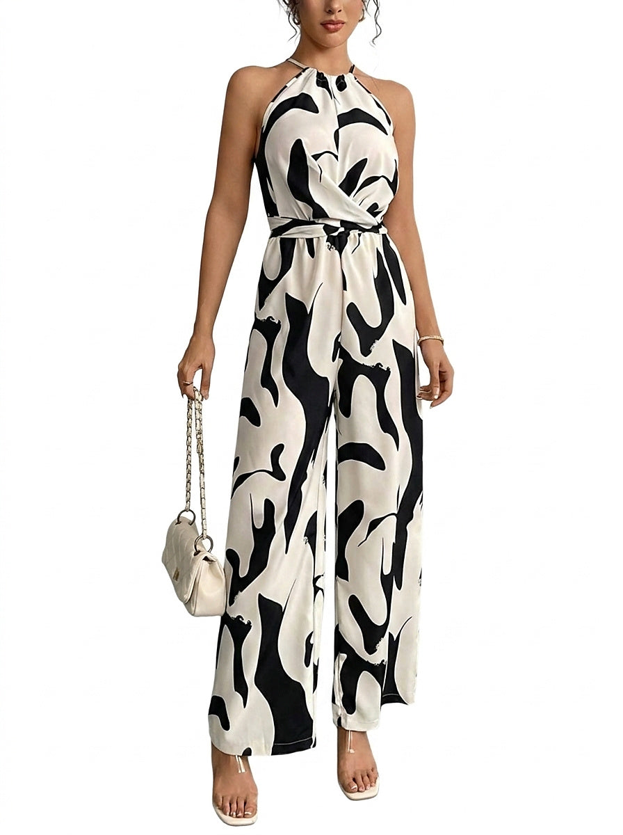 Mono de pernera ancha con cuello halter y estampado abstracto para mujer-Jumpsuits for women-Casaluzia