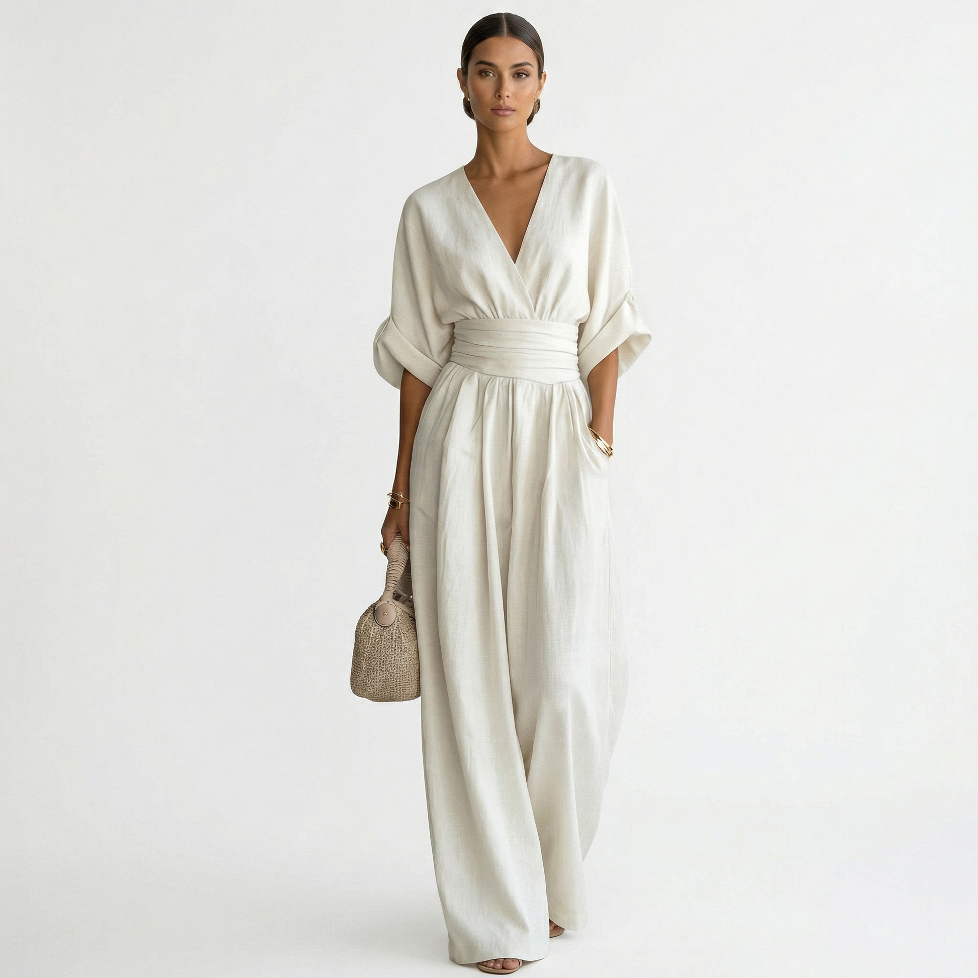 Mono de pierna ancha con cuello en V para mujer con cintura-Jumpsuits for women-Casaluzia