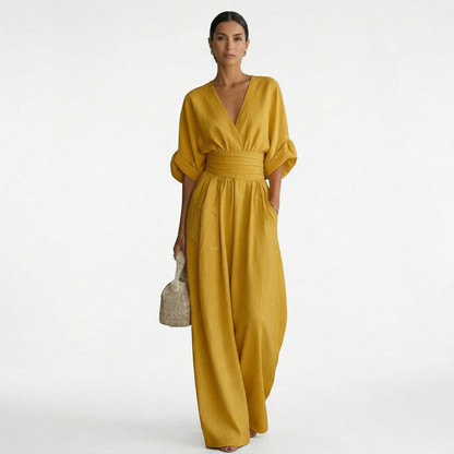 Mono de pierna ancha con cuello en V para mujer con cintura-Jumpsuits for women-Casaluzia