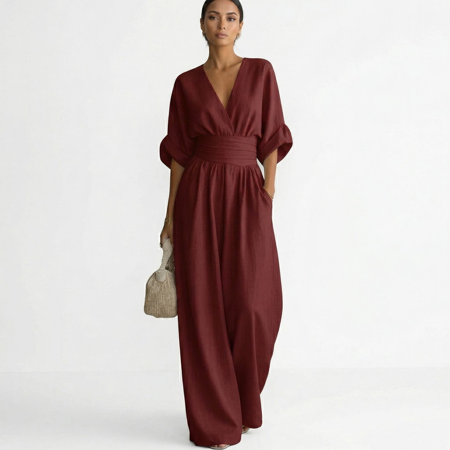 Mono de pierna ancha con cuello en V para mujer con cintura-Jumpsuits for women-Casaluzia