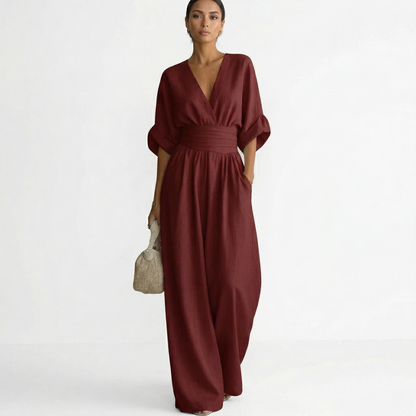 Mono de pierna ancha con cuello en V para mujer con cintura-Jumpsuits for women-Casaluzia