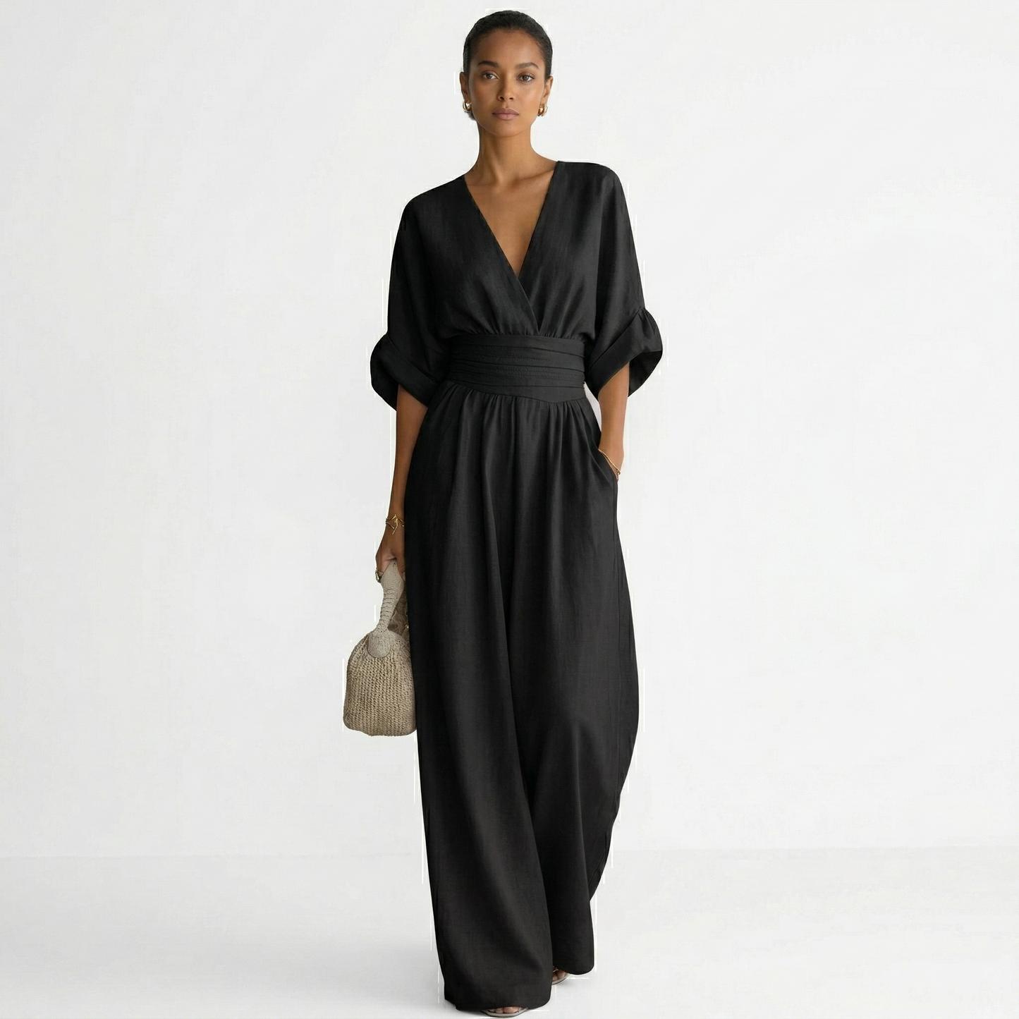 Mono de pierna ancha con cuello en V para mujer con cintura-Jumpsuits for women-Casaluzia