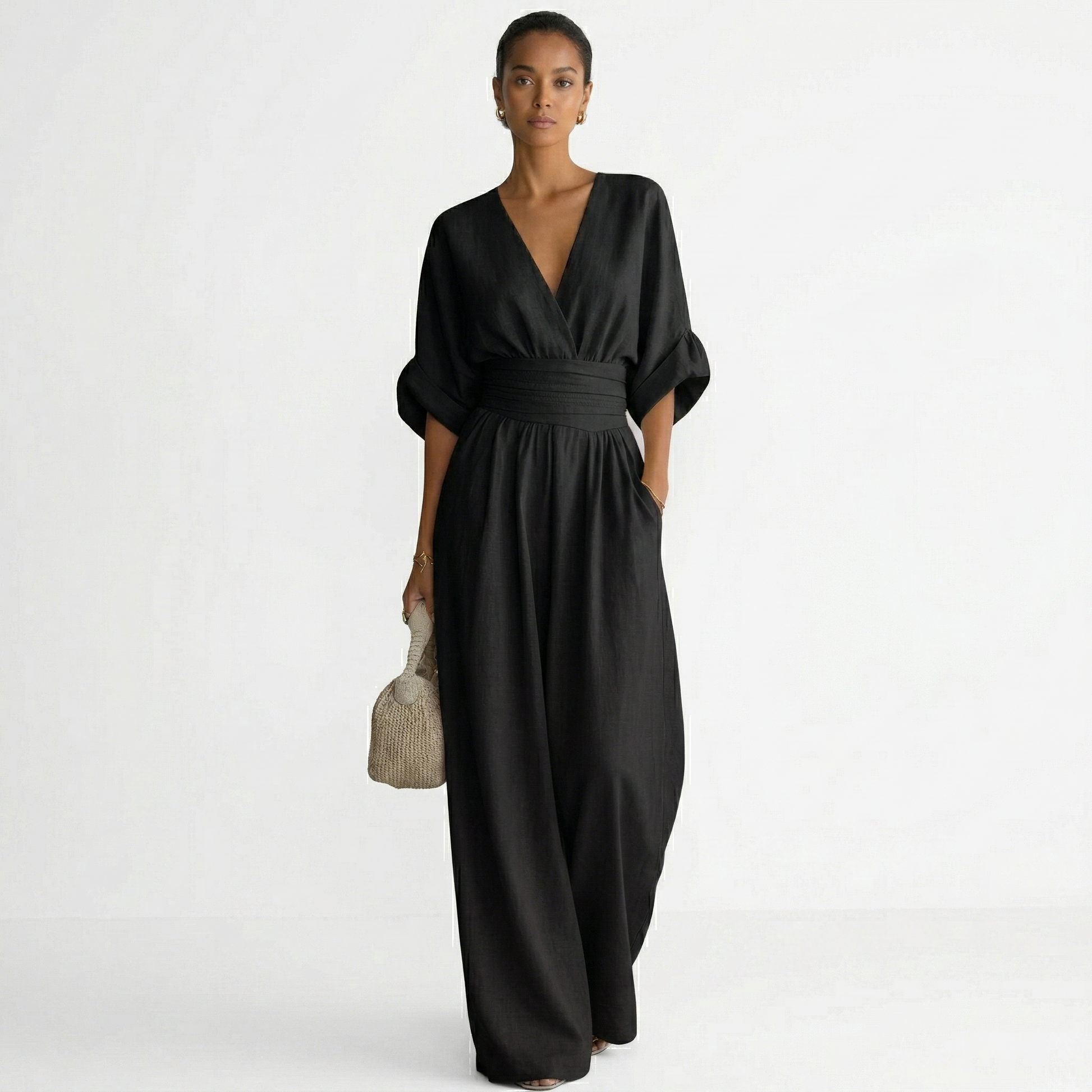 Mono de pierna ancha con cuello en V para mujer con cintura-Jumpsuits for women-Casaluzia