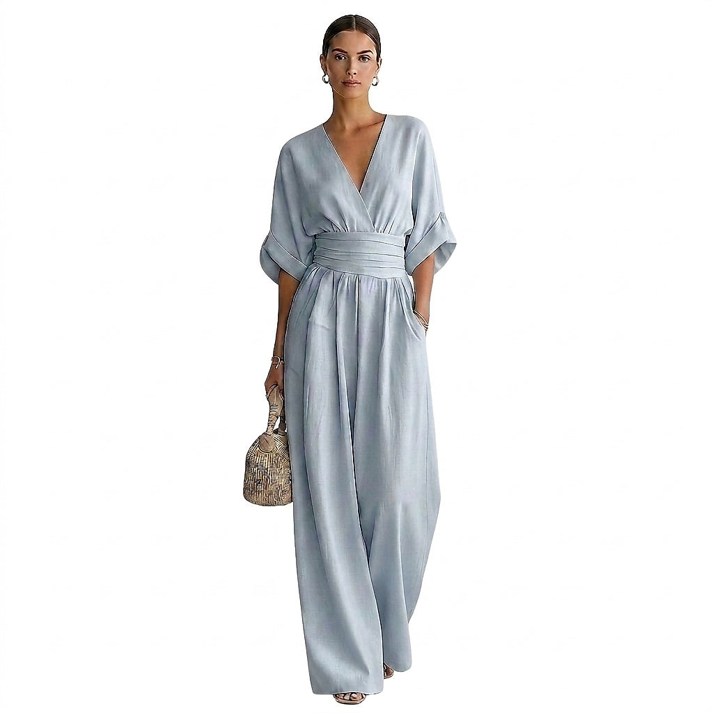 Mono de pierna ancha con cuello en V para mujer con cintura-Jumpsuits for women-Casaluzia