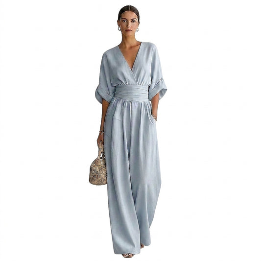 Mono de pierna ancha con cuello en V para mujer con cintura-Jumpsuits for women-Casaluzia