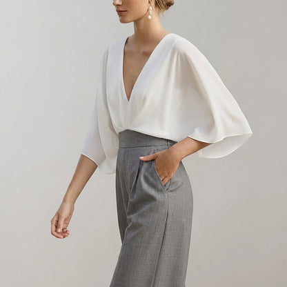 Mono de pierna ancha para mujer con cuello en V-Jumpsuits for women-Casaluzia