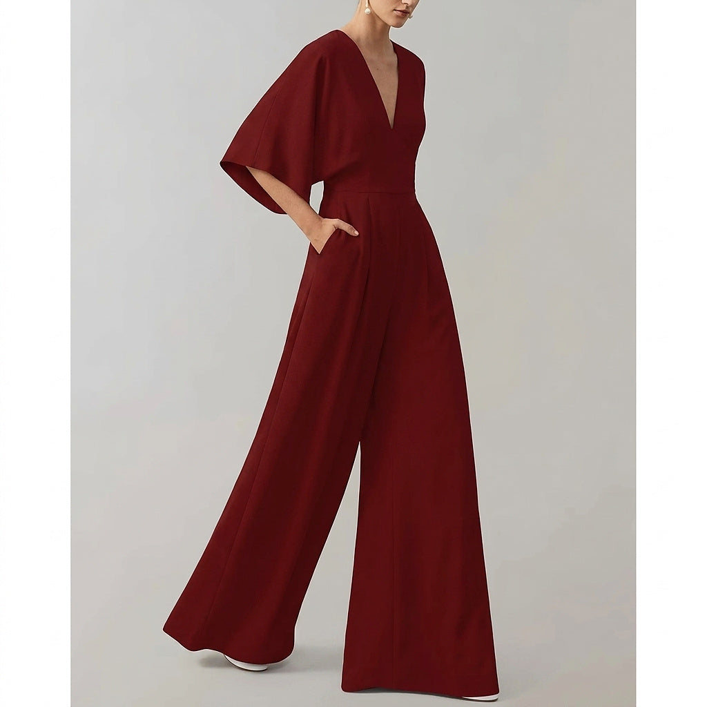 Mono de pierna ancha para mujer con cuello en V-Jumpsuits for women-Casaluzia