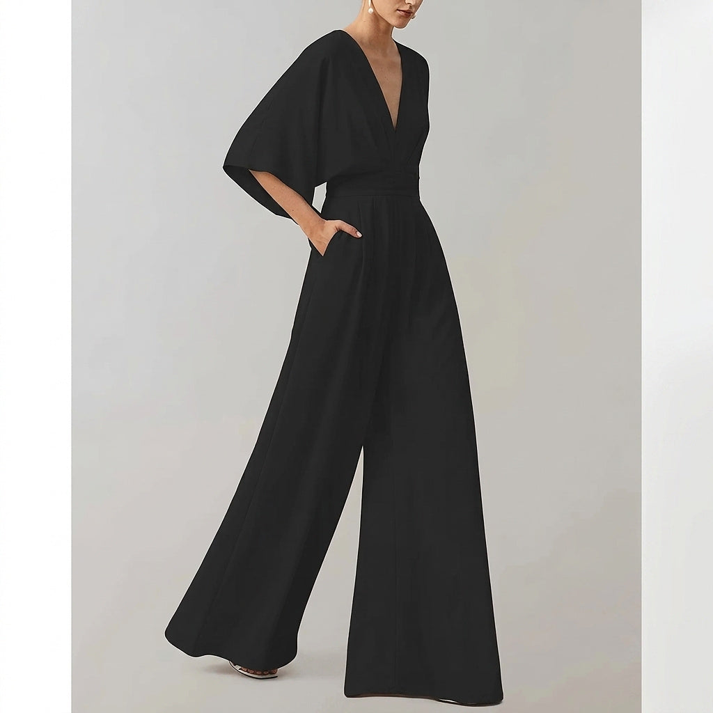 Mono de pierna ancha para mujer con cuello en V-Jumpsuits for women-Casaluzia